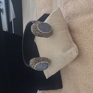 Genuine Blue Druzy Quartz & Leather Cuff Bracelet Swarovski crystals !